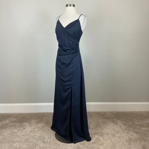 AQUA Satin Cut Out Back Evening Gown Blue Size 6 Sleeveless Thigh Slit Formal - Picture 5 of 12